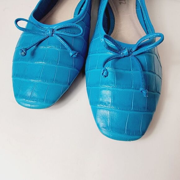 Schutz Ariara Cerulean Blue Croc Embossed Square Toe Bow Ballet Flats Size 10 - Picture 3 of 10